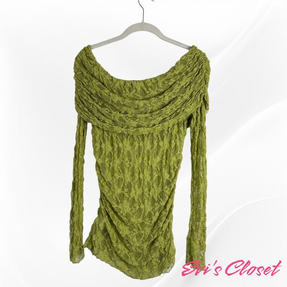 Zara Women's Off the Shoulder Sz L Pistachio Green Lace Sheer Top - Picture 6 of 10